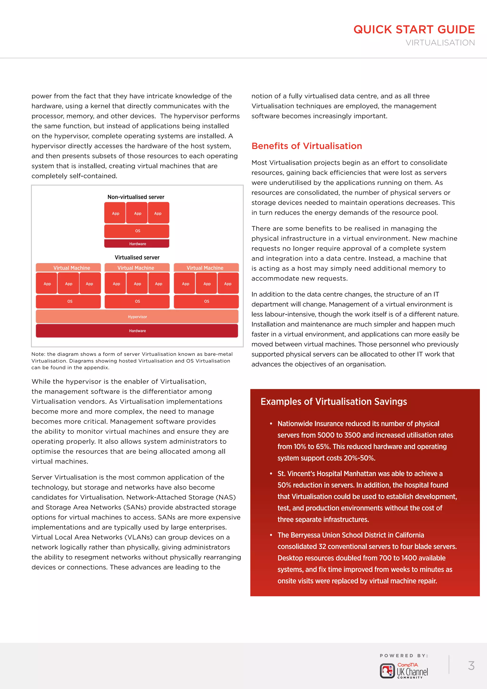 P O W E R E D B Y :
3
quick start guide
virtualisation
power from the fact that they have intricate knowledge of the
hardware, using a kernel that directly communicates with the
processor, memory, and other devices. The hypervisor performs
the same function, but instead of applications being installed
on the hypervisor, complete operating systems are installed. A
hypervisor directly accesses the hardware of the host system,
and then presents subsets of those resources to each operating
system that is installed, creating virtual machines that are
completely self-contained.
While the hypervisor is the enabler of Virtualisation,
the management software is the differentiator among
Virtualisation vendors. As Virtualisation implementations
become more and more complex, the need to manage
becomes more critical. Management software provides
the ability to monitor virtual machines and ensure they are
operating properly. It also allows system administrators to
optimise the resources that are being allocated among all
virtual machines.
Server Virtualisation is the most common application of the
technology, but storage and networks have also become
candidates for Virtualisation. Network-Attached Storage (NAS)
and Storage Area Networks (SANs) provide abstracted storage
options for virtual machines to access. SANs are more expensive
implementations and are typically used by large enterprises.
Virtual Local Area Networks (VLANs) can group devices on a
network logically rather than physically, giving administrators
the ability to resegment networks without physically rearranging
devices or connections. These advances are leading to the
notion of a fully virtualised data centre, and as all three
Virtualisation techniques are employed, the management
software becomes increasingly important.
Benefits of Virtualisation
Most Virtualisation projects begin as an effort to consolidate
resources, gaining back efficiencies that were lost as servers
were underutilised by the applications running on them. As
resources are consolidated, the number of physical servers or
storage devices needed to maintain operations decreases. This
in turn reduces the energy demands of the resource pool.
There are some benefits to be realised in managing the
physical infrastructure in a virtual environment. New machine
requests no longer require approval of a complete system
and integration into a data centre. Instead, a machine that
is acting as a host may simply need additional memory to
accommodate new requests.
In addition to the data centre changes, the structure of an IT
department will change. Management of a virtual environment is
less labour-intensive, though the work itself is of a different nature.
Installation and maintenance are much simpler and happen much
faster in a virtual environment, and applications can more easily be
moved between virtual machines. Those personnel who previously
supported physical servers can be allocated to other IT work that
advances the objectives of an organisation.
•	 Nationwide Insurance reduced its number of physical
servers from 5000 to 3500 and increased utilisation rates
from 10% to 65%. This reduced hardware and operating
system support costs 20%-50%.
•	 St. Vincent’s Hospital Manhattan was able to achieve a
50% reduction in servers. In addition, the hospital found
that Virtualisation could be used to establish development,
test, and production environments without the cost of
three separate infrastructures.
•	 The Berryessa Union School District in California
consolidated 32 conventional servers to four blade servers.
Desktop resources doubled from 700 to 1400 available
systems, and fix time improved from weeks to minutes as
onsite visits were replaced by virtual machine repair.
Examples of Virtualisation Savings
Note: the diagram shows a form of server Virtualisation known as bare-metal
Virtualisation. Diagrams showing hosted Virtualisation and OS Virtualisation
can be found in the appendix.
Virtual Machine Virtual Machine
App App
OS OS
Hypervisor
Hardware
App
Hardware
App App
OS
App
App App App
Virtual Machine
OS
App App App
Non-virtualised server
Virtualised server
 