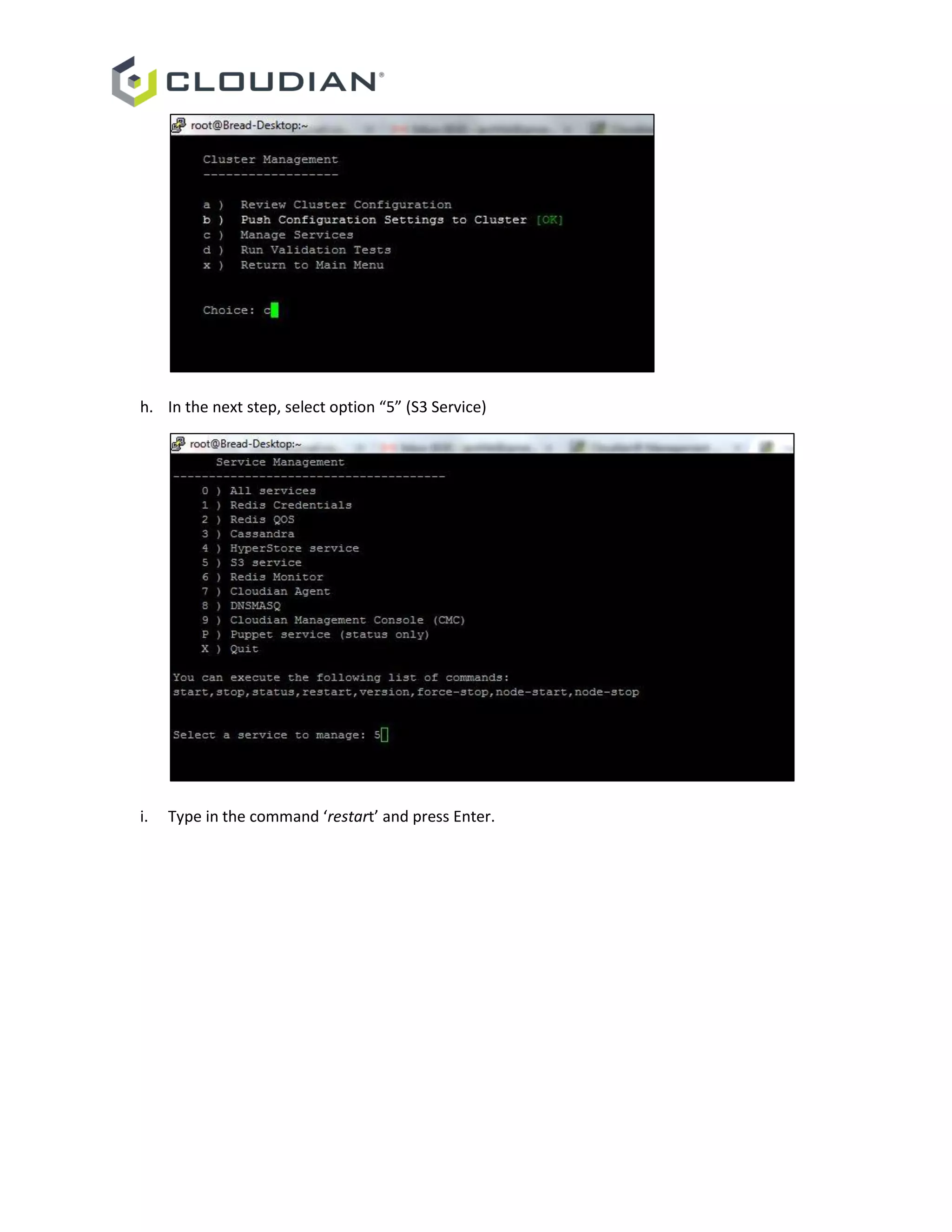 h. In the next step, select option “5” (S3 Service)
i. Type in the command ‘restart’ and press Enter.
 