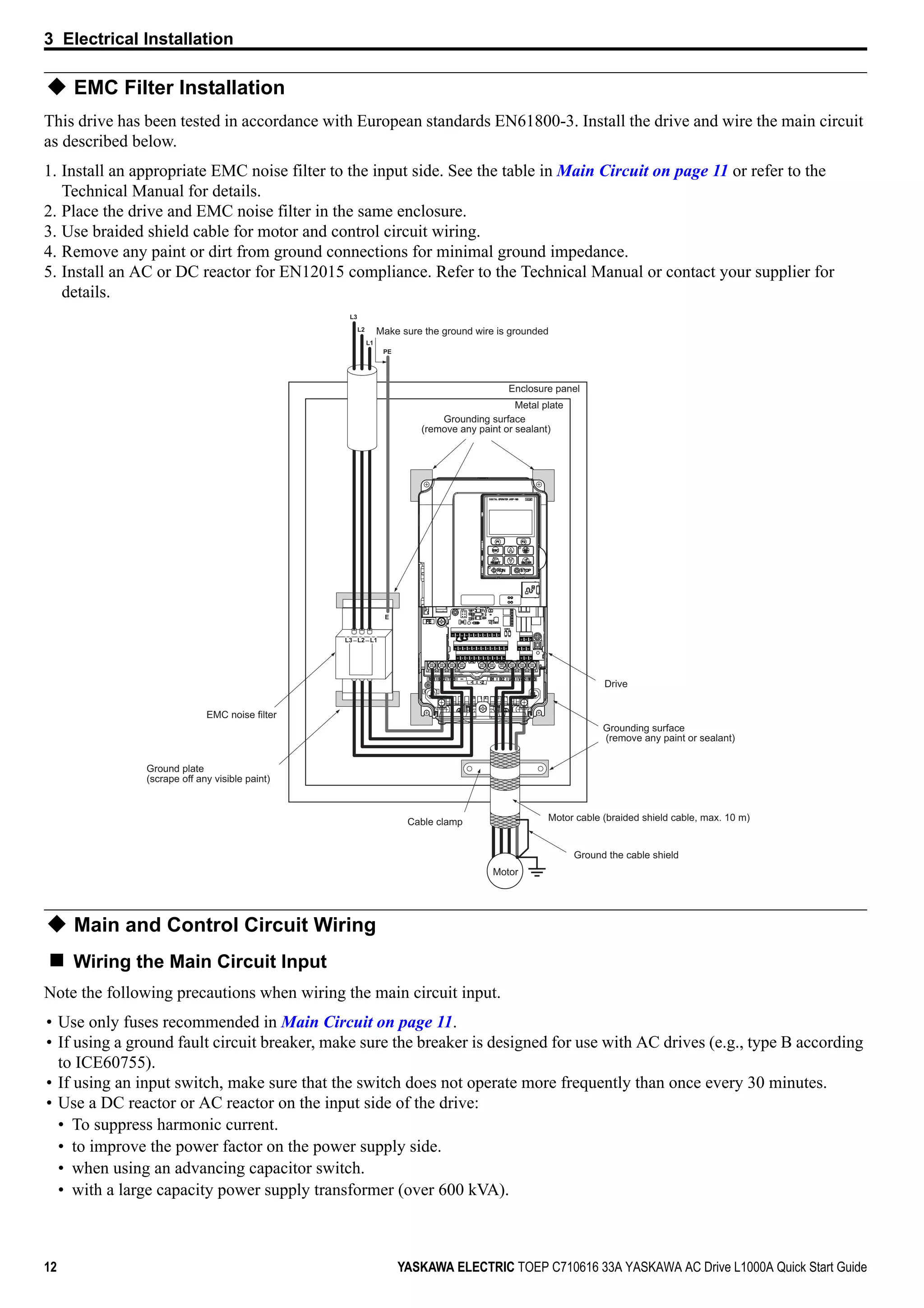 3 Electrical Installation
12 YASKAWA ELECTRIC TOEP C710616 33A YASKAWA AC Drive L1000A Quick Start Guide
EMC Filter Installation
This drive has been tested in accordance with European standards EN61800-3. Install the drive and wire the main circuit
as described below.
1. Install an appropriate EMC noise filter to the input side. See the table in Main Circuit on page 11 or refer to the
Technical Manual for details.
2. Place the drive and EMC noise filter in the same enclosure.
3. Use braided shield cable for motor and control circuit wiring.
4. Remove any paint or dirt from ground connections for minimal ground impedance.
5. Install an AC or DC reactor for EN12015 compliance. Refer to the Technical Manual or contact your supplier for
details.
Main and Control Circuit Wiring
Wiring the Main Circuit Input
Note the following precautions when wiring the main circuit input.
• Use only fuses recommended in Main Circuit on page 11.
• If using a ground fault circuit breaker, make sure the breaker is designed for use with AC drives (e.g., type B according
to ICE60755).
• If using an input switch, make sure that the switch does not operate more frequently than once every 30 minutes.
• Use a DC reactor or AC reactor on the input side of the drive:
• To suppress harmonic current.
• to improve the power factor on the power supply side.
• when using an advancing capacitor switch.
• with a large capacity power supply transformer (over 600 kVA).
L3L3 L2L2 L1L1L3 L2 L1
E
L3
L2
L1
PE
Make sure the ground wire is grounded
Enclosure panel
Metal plate
Grounding surface
(remove any paint or sealant)
Drive
Grounding surface
(remove any paint or sealant)
Motor cable (braided shield cable, max. 10 m)Cable clamp
Ground plate
(scrape off any visible paint)
EMC noise filter
Motor
Ground the cable shield
 