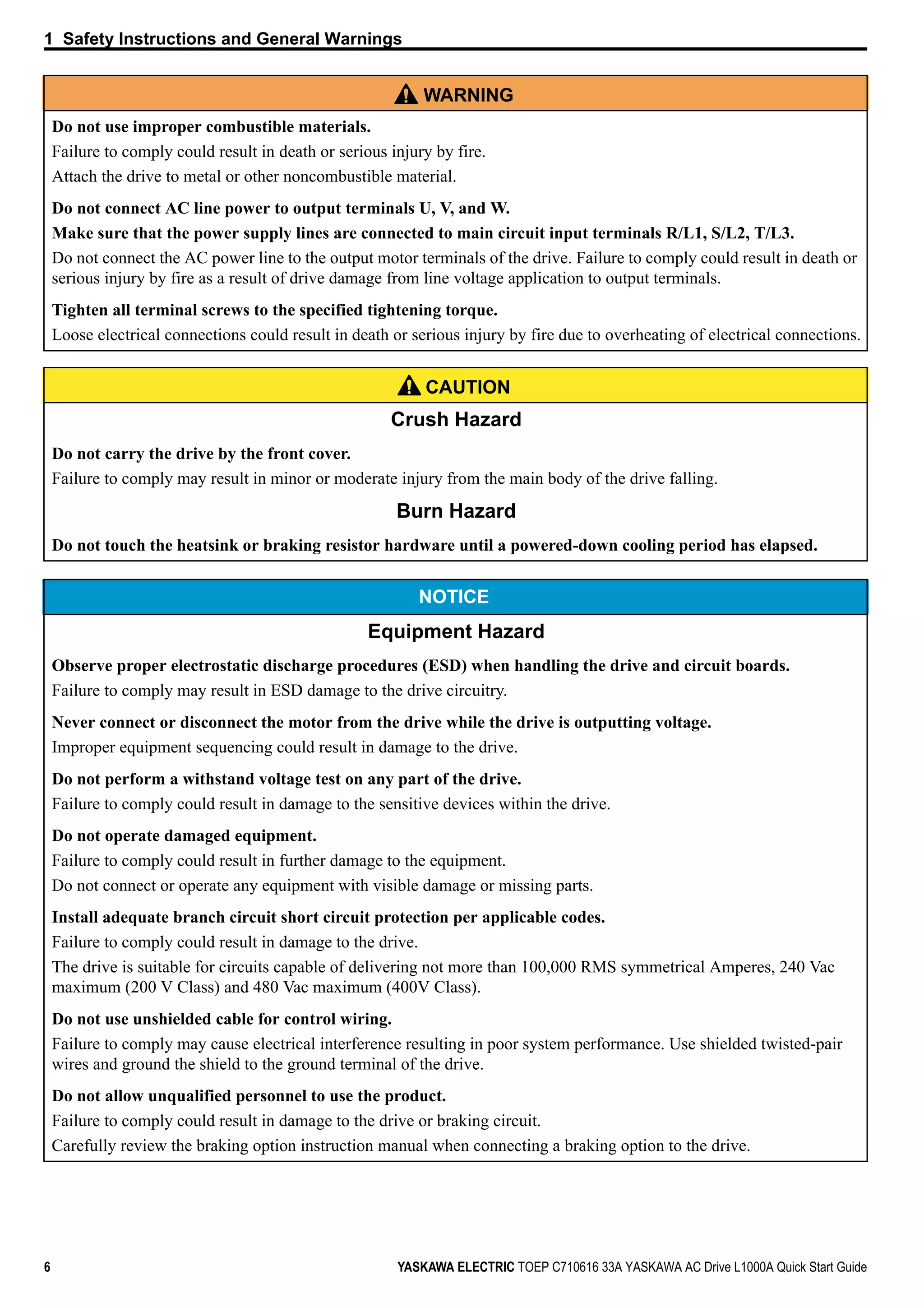 1 Safety Instructions and General Warnings
6 YASKAWA ELECTRIC TOEP C710616 33A YASKAWA AC Drive L1000A Quick Start Guide
Do not use improper combustible materials.
Failure to comply could result in death or serious injury by fire.
Attach the drive to metal or other noncombustible material.
Do not connect AC line power to output terminals U, V, and W.
Make sure that the power supply lines are connected to main circuit input terminals R/L1, S/L2, T/L3.
Do not connect the AC power line to the output motor terminals of the drive. Failure to comply could result in death or
serious injury by fire as a result of drive damage from line voltage application to output terminals.
Tighten all terminal screws to the specified tightening torque.
Loose electrical connections could result in death or serious injury by fire due to overheating of electrical connections.
CAUTION
Crush Hazard
Do not carry the drive by the front cover.
Failure to comply may result in minor or moderate injury from the main body of the drive falling.
Burn Hazard
Do not touch the heatsink or braking resistor hardware until a powered-down cooling period has elapsed.
NOTICE
Equipment Hazard
Observe proper electrostatic discharge procedures (ESD) when handling the drive and circuit boards.
Failure to comply may result in ESD damage to the drive circuitry.
Never connect or disconnect the motor from the drive while the drive is outputting voltage.
Improper equipment sequencing could result in damage to the drive.
Do not perform a withstand voltage test on any part of the drive.
Failure to comply could result in damage to the sensitive devices within the drive.
Do not operate damaged equipment.
Failure to comply could result in further damage to the equipment.
Do not connect or operate any equipment with visible damage or missing parts.
Install adequate branch circuit short circuit protection per applicable codes.
Failure to comply could result in damage to the drive.
The drive is suitable for circuits capable of delivering not more than 100,000 RMS symmetrical Amperes, 240 Vac
maximum (200 V Class) and 480 Vac maximum (400V Class).
Do not use unshielded cable for control wiring.
Failure to comply may cause electrical interference resulting in poor system performance. Use shielded twisted-pair
wires and ground the shield to the ground terminal of the drive.
Do not allow unqualified personnel to use the product.
Failure to comply could result in damage to the drive or braking circuit.
Carefully review the braking option instruction manual when connecting a braking option to the drive.
WARNING
 