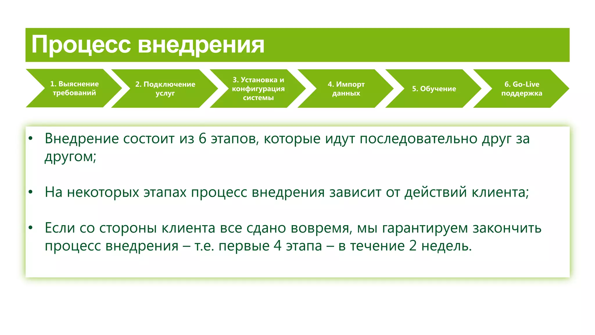 1. Выяснение
требований
2. Подключение
услуг
3. Установка и
конфигурация
системы
4. Импорт
данных
5. Обучение
6. Go-Live
поддержка
• Внедрение состоит из 6 этапов, которые идут последовательно друг за
другом;
• На некоторых этапах процесс внедрения зависит от действий клиента;
• Если со стороны клиента все сдано вовремя, мы гарантируем закончить
процесс внедрения – т.е. первые 4 этапа – в течение 2 недель.
 