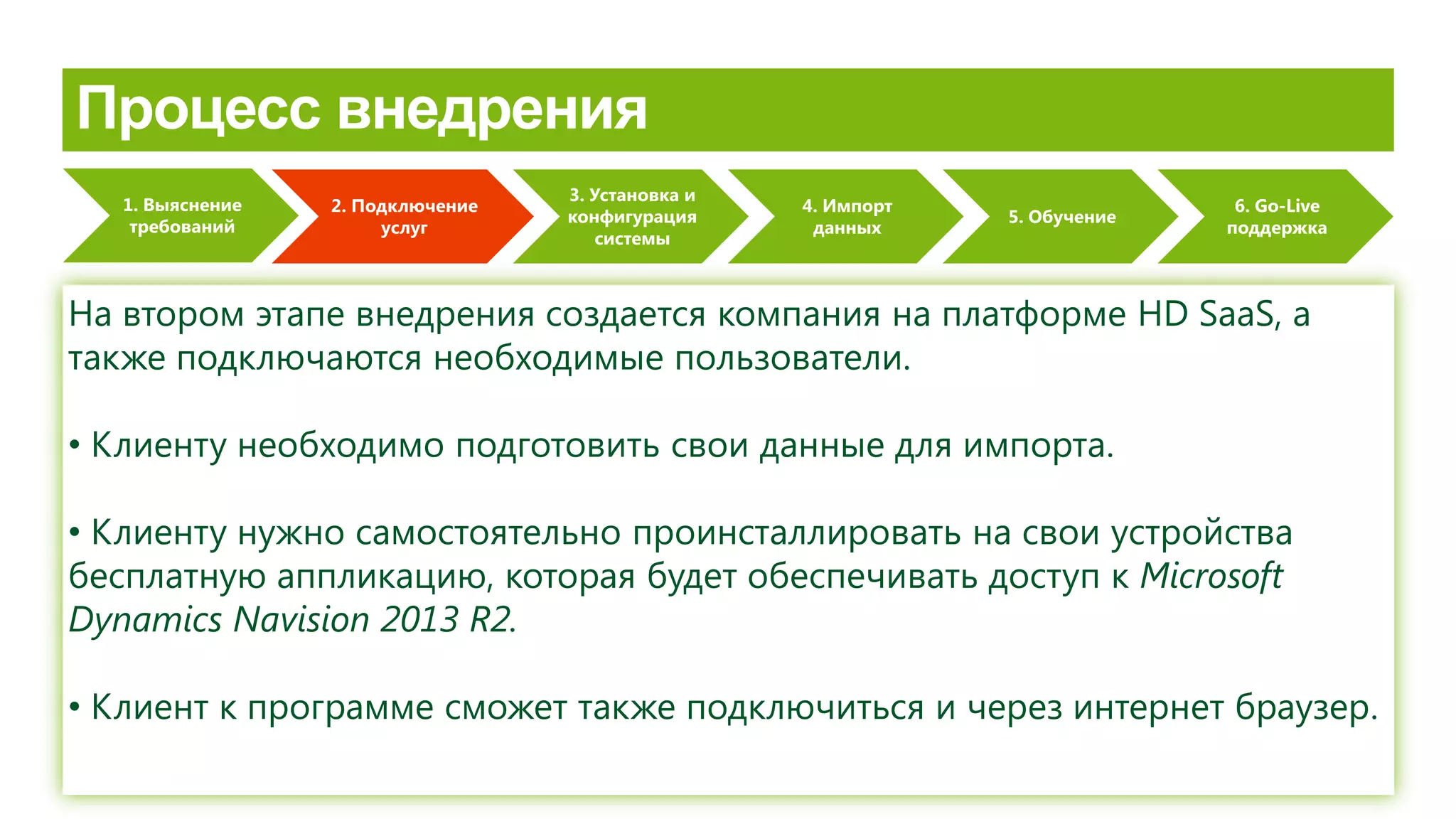 1. Выяснение
требований
2. Подключение
услуг
3. Установка и
конфигурация
системы
4. Импорт
данных
5. Обучение
6. Go-Live
поддержка
На втором этапе внедрения создается компания на платформе HD SaaS, а
также подключаются необходимые пользователи.
• Клиенту необходимо подготовить свои данные для импорта.
• Клиенту нужно самостоятельно проинсталлировать на свои устройства
бесплатную аппликацию, которая будет обеспечивать доступ к Microsoft
Dynamics Navision 2013 R2.
• Клиент к программе сможет также подключиться и через интернет браузер.
 
