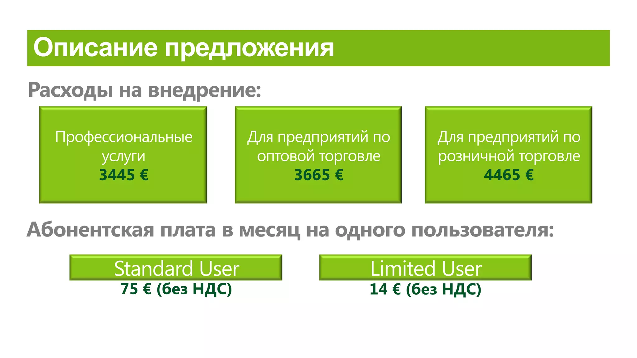 Standard User Limited User
Расходы на внедрение:
Абонентская плата в месяц на одного пользователя:
75 € (без НДС) 14 € (без НДС)
Для предприятий по
оптовой торговле
3665 €
Профессиональные
услуги
3445 €
Для предприятий по
розничной торговле
4465 €
 
