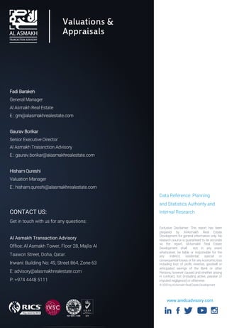Fadi Barakeh
General Manager
Al Asmakh Real Estate
E : gm@alasmakhrealestate.com
Gaurav Borikar
Senior Executive Director
Al Asmakh Trasanction Advisory
E : gaurav.borikar@alasmakhrealestate.com
Hisham Qureshi
Valuation Manager
E : hisham.qureshi@alasmakhrealestate.com
Data Reference: Planning
and Statistics Authority and
Internal Research
www.aredcadvisory.com
CONTACT US:
Get in touch with us for any questions:
Al Asmakh Transaction Advisory
Office: Al Asmakh Tower, Floor 28, Majlis Al
Taawon Street, Doha, Qatar.
Inwani: Building No: 49, Street 864, Zone 63
E: advisory@alasmakhrealestate.com
P: +974 4448 5111
Exclusive Disclaimer: This report has been
prepared by Al-Asmakh Real Estate
Development for general information only. No
research source is guaranteed to be accurate
so the report. Al-Asmakh Real Estate
Development shall not, in any event
whatsoever, be liable or responsible for the
any indirect, incidental, special or
consequential losses or for any economic loss
including loss of profit, revenue, goodwill or
anticipated savings of the Bank or other
Persons, however caused and whether arising
in contract, tort (including active, passive or
imputed negligence) or otherwise.
© 2020 by Al Asmakh Real Estate Development
 