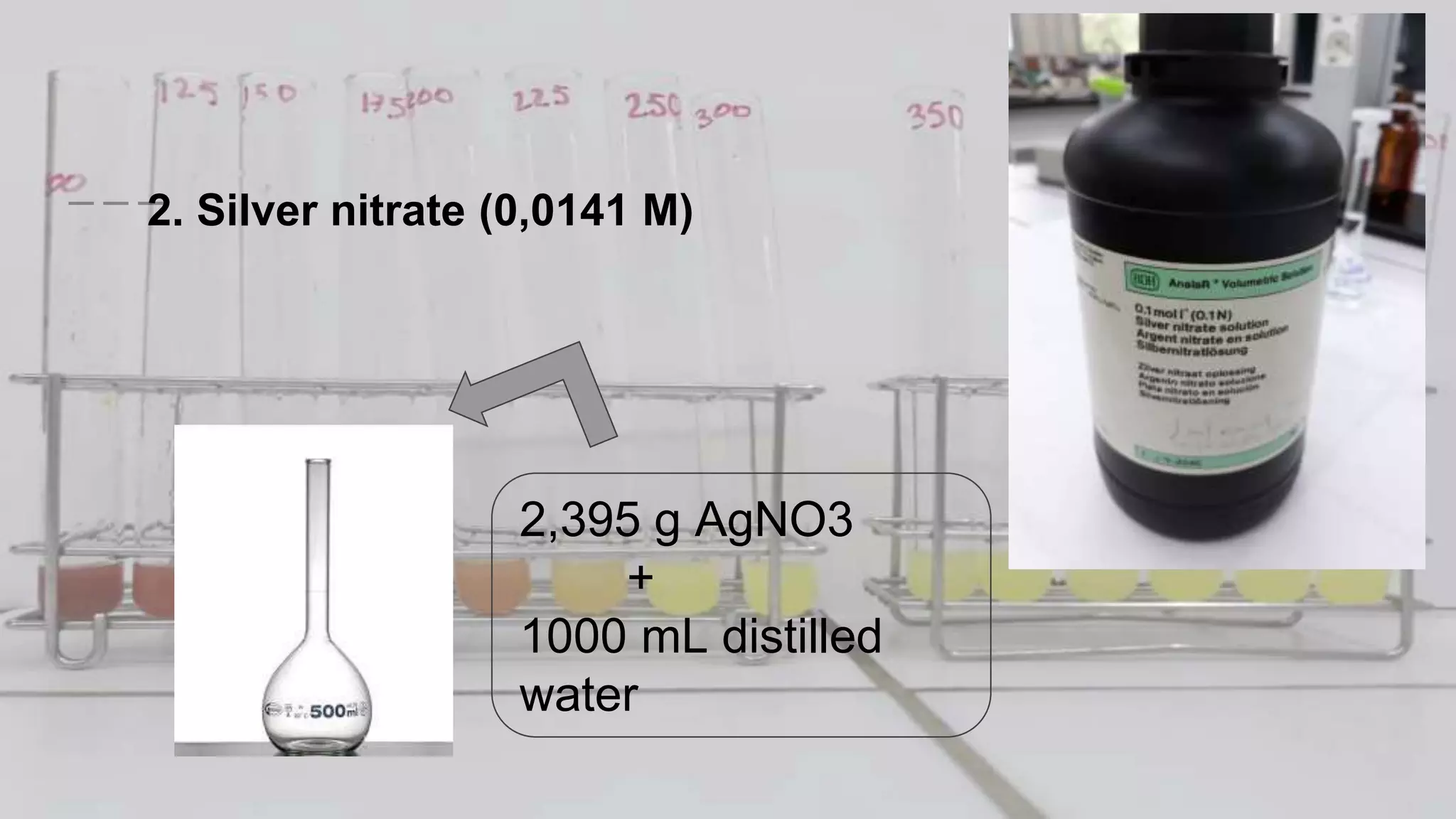 2. Silver nitrate (0,0141 M)
2,395 g AgNO3
+
1000 mL distilled
water
 
