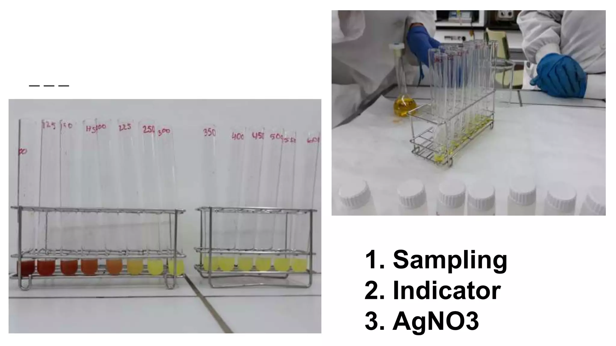 1. Sampling
2. Indicator
3. AgNO3
 