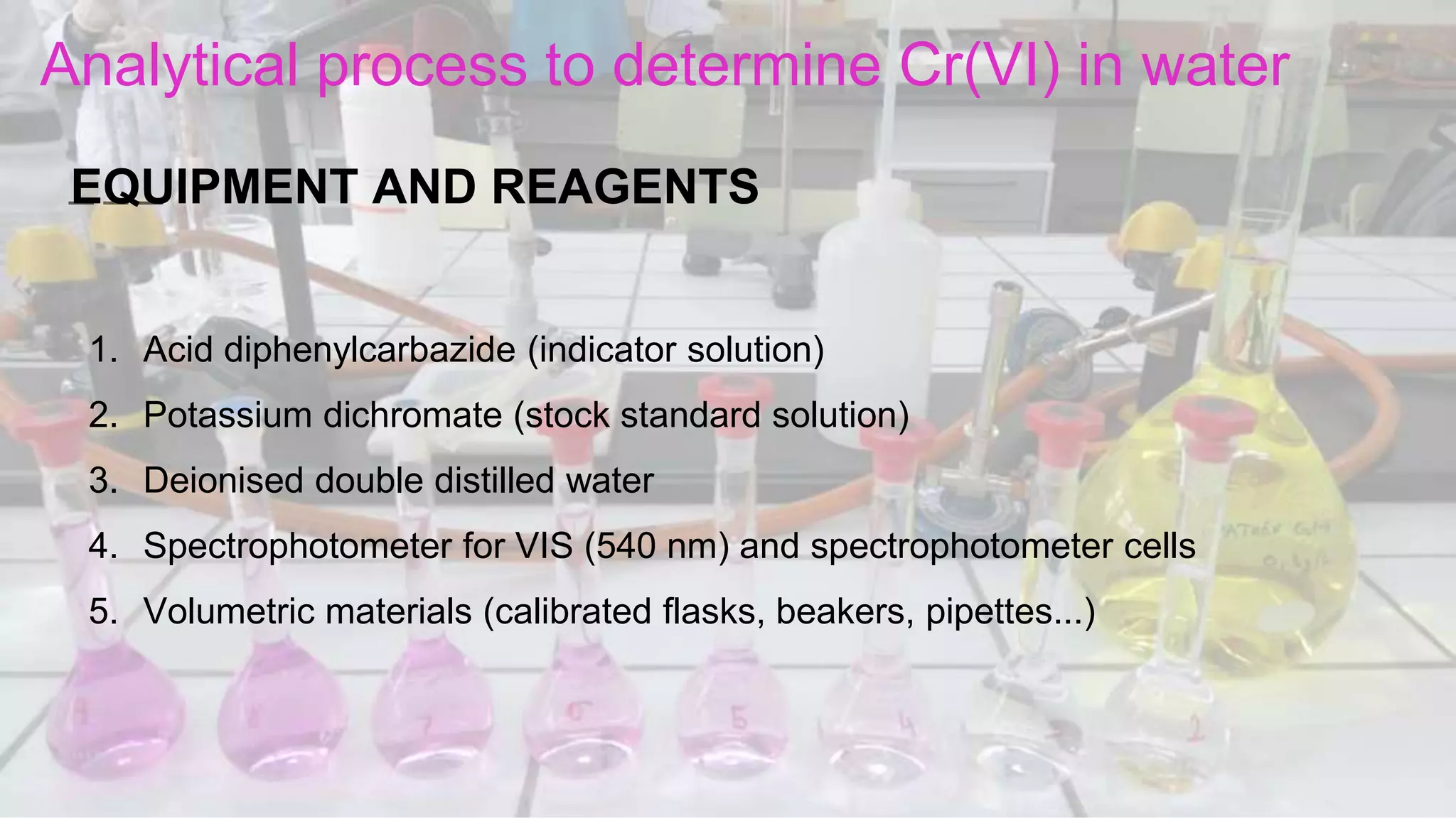 EQUIPMENT AND REAGENTS
1. Acid diphenylcarbazide (indicator solution)
2. Potassium dichromate (stock standard solution)
3. Deionised double distilled water
4. Spectrophotometer for VIS (540 nm) and spectrophotometer cells
5. Volumetric materials (calibrated flasks, beakers, pipettes...)
Analytical process to determine Cr(VI) in water
 