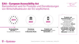 11"Digitale Barrierefreiheit - Quicktipps" | Anne-Marie Nebe | DevDay 2019
Barrierefreiheit wird für Produkte und Dienstleistungen
von Wirtschaftsakteuren der EU verpflichtend.
EAA – European Accessibility Act
2019
2022 2025
Umsetzung
der Richtlinie
in Deutsches Recht
Produkte und
Dienstleistungen müssen
barrierefrei sein
Verabschiedung
des EAA im
Europäischen Parlament
Produkte und
Dienstleistungen, deren
Nutzerschnittstellen,
Verpackungen,
Informationen und
Dokumentationen müssen
auf kohärente und
angemessene Weise
wahrnehmbar, bedienbar,
verständlich und robust
sein – und so für alle
Menschen nutzbar sein.
 