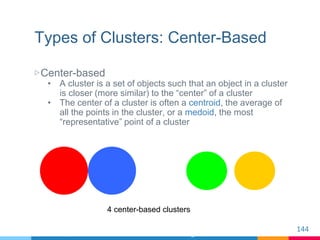 Types of Clusters: Center-Based
▷Center-based
• A cluster is a set of objects such that an object in a cluster
is closer (...