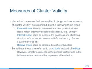 Measures of Cluster Validity
▷ Numerical measures that are applied to judge various aspects
of cluster validity, are class...