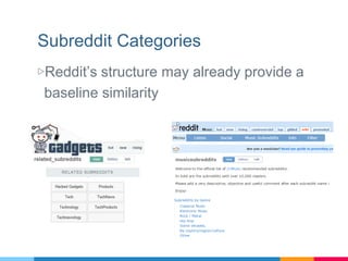 Subreddit Categories
▷Reddit’s structure may already provide a
baseline similarity
 