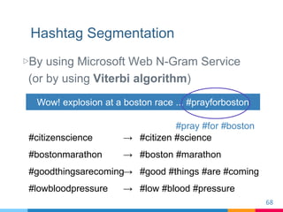 Hashtag Segmentation
▷By using Microsoft Web N-Gram Service
(or by using Viterbi algorithm)
68
#pray #for #boston
Wow! exp...