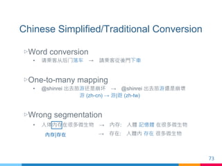 Chinese Simplified/Traditional Conversion
▷Word conversion
• 请乘客从后门落车 → 請乘客從後門下車
▷One-to-many mapping
• @shinrei 出去旅游还是崩坏 ...