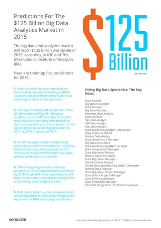 For more information get in touch on 020 7112 4949 or visit sonovate.com
Predictions For The
$125 Billion Big Data
Analytics Market in
2015
The big data and analytics market
will reach $125 billion worldwide in
2015, according to IDC and The
International Institute of Analytics
(IIA).
Here are their top ﬁve predictions
for 2015:
1. Over the next ﬁve years spending on
cloud-based big data and analytics (BDA)
solutions will grow three times faster than
spending for on-premise solutions.
2. Shortag of skilled staﬀ will persist. In the
US alone there will be 181,000 deep
analytics roles in 2018 and ﬁve times that
many positions requiring related skills in
data management and interpretation. In the
UK, there will be 47,000 big data roles by
2017, a 222% increase on 2013.
3. Growth in applications incorporating
advanced and predictive analytics, including
machine learning, will accelerate in 2015.
These apps will grow 65% faster than apps
without predictive functionality.
4. 70% of large organisations already
purchase external data and 100% will do so
by 2019. In parallel more organisations will
begin to monetise their data by selling them
or providing value-added content.
5. Rich media (video, audio, image) analytics
will at least triple in 2015 and emerge as the
key driver for BDA technology investment.
Hiring Big Data Specialists: The Key
Roles
Data Analyst
Big Data Developer
Data Modeler
Big Data Architect
Business Data Analyst
Data Scientist
SAS Data Analyst
SAP Data Analyst
SQL Data Analyst
Data Warehousing (DWH) Developer
Data Centre Architect
Master Data Analyst
Data Governance Manager
Big Data Consultant
Data Warehousing (DWH) Analyst
Data Integration Developer
Data Migration Analyst
Master Data Consultant
Data Migration Manager
Data Business Analyst
Oracle Data Warehousing (DWH) Developer
Market Data Engineer
Data Migration Project Manager
Data Centre Project Manager
Data Centre Consultant
Data Protection Manager
SAS Data Integration (DI) Studio Developer
125$BillionIDC and (IIA)
 