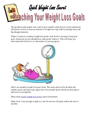The problem with people who want to lose weight is that they're overly ambitious.
This desire to lose a massive amount of weight can only lead to quitting early and
big disappointments.

When it comes to creating weight loss goals, start first by creating a long term
goal. Each goal you set should have mini-goals within it. This will keep you
motivated and will serve as a barometer to your progress.




Here's an example weight loss goal chart. The main goal can be divided into
smaller goals, and then once again into even smaller goals which are descriptive
and easy to accomplish.

More about quick weight loss secret can be found here.

Main Goal: Lose enough weight so I can fit into my old pants within the next 6
months.
 