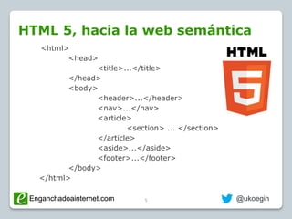 Enganchadoainternet.com @SemBilbaoEnganchadoainternet.com
HTML 5, hacia la web semántica
5
<html>
<head>
<title>...</title...