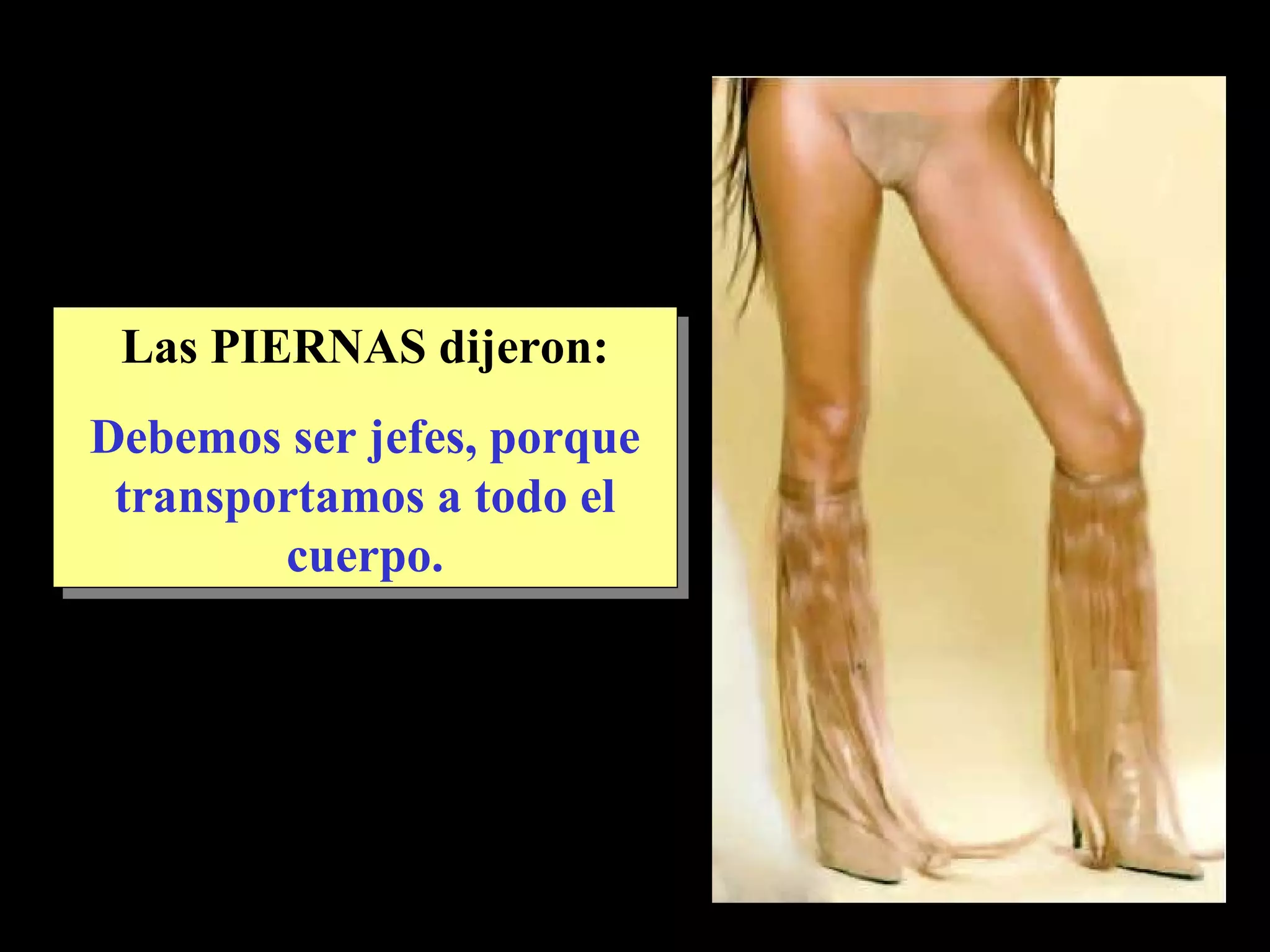Las PIERNAS dijeron: Debemos ser jefes, porque transportamos a todo el cuerpo.