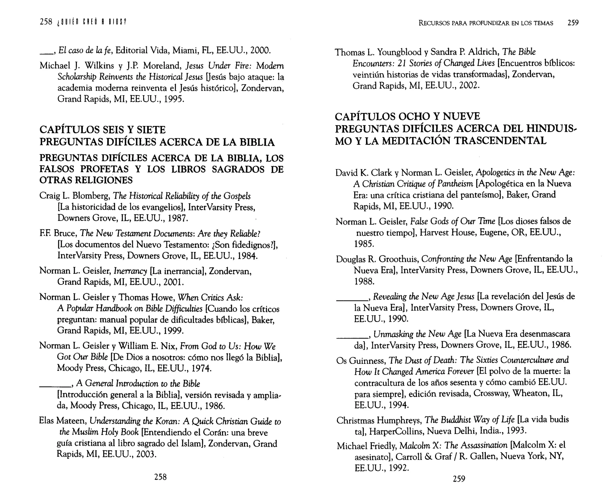 258 ¿ni ¡n C!f Ó H111 P
_, El easo de la fe, Editorial Vida, Miami, FL, EE.UU., 2000.
Michael J. Wilkins y J.P. Moreland, }esus Under Fire: Modem
Seholarship Reinvents the Historical }esus Uesús bajo ataque: la
academia moderna reinventa el Jesús histórico], Zondervan,
Grand Rapids, MI, EE.UU., 1995.
CAPÍTULOS SEIS Y SIETE
PREGUNTAS DIFÍCILES ACERCA DE LA BIBLIA
PREGUNTAS DIFÍCILES ACERCA DE LA BIBLIA, LOS
FALSOS PROFETAS Y LOS LIBROS SAGRADOS DE
OTRAS RELIGIONES
Craig L. Blomberg, The Historical Reliability of the Gospels
[La historicidad de los evangelios], InterVarsity Press,
Downers Grove, IL, EE.UU., 1987.
EE Bruce, The New Testament Documents: Are they Reliable?
[Los documentos del Nuevo Testamento: ¿Son fidedignos?],
InterVarsity Press, Downers Grove, IL, EE.UU., 1984.
Norman L. Geisler, lnerrancy [La inerrancia], Zondervan,
Grand Rapids, MI, EE.UU., 2001.
Norman L. Geisler y Thomas Howe, When Crities Ask:
A Popular Handbook on Bible Diffieulties [Cuando los críticos
preguntan: manual popular de dificultades bíblicas], Baker,
Grand Rapids, MI, EE.UU., 1999.
Norman L. Geisler y William E. Nix, From God to Us: How We
Got Our Bible [De Dios a nosotros: cómo nos llegó la Biblia],
Moody Press, Chicago, IL, EE.UU., 1974.
___, A General Introduction to the Bible
[Introducción general a la Biblia], versión revisada y amplia-
da, Moody Press, Chicago, IL, EE.UU., 1986.
Elas Mateen, Understanding the Koran: A Quiek Christian Guide to
the Muslim Holy Book [Entendiendo el Corán: una breve
guía cristiana al libro sagrado del Islam], Zondervan, Grand
Rapids, MI, EE.UU., 2003.
258
RECURSOS PARA PROFUNDIZAR EN LOS TEMAS 259
Thomas L. Youngblood y Sandra P. Aldrich, The Bible
Encounters: 21 Stories of Changed Lives [Encuentros bíblicos:
veintiún historias de vidas transformadas], Zondervan,
Grand Rapids, MI, EE.UU., 2002.
CAPÍTULOS OCHO Y NUEVE
PREGUNTAS DIFÍCILES ACERCA DEL HINDUIS..
MO y LA MEDITACIÓN TRASCENDENTAL
David K. Clark y Norman L. Geisler, Apologeties in the New Age:
A Christian Critique of Pantheism [Apologética en la Nueva
Era: una crítica cristiana del panteísmo], Baker, Grand
Rapids, MI, EE.UU., 1990.
Norman L. Geisler, False Gods of Our Time [Los dioses falsos de
nuestro tiempo], Harvest House, Eugene, OR, EE.UU.,
1985.
Douglas R. Groothuis, Confronting the New Age [Enfrentando la
Nueva Era], InterVarsity Press, Downers Grove, IL, EE.UU.,
1988.
___, Revealing the New Age }esus [La revelación del Jesús de
la Nueva Era], InterVarsity Press, Downers Grove, IL,
EE.UU., 1990.
___, Unmasking the New Age [La Nueva Era desenmascara
da]' InterVarsity Press, Downers Grove, IL, EE.UU., 1986.
Os Guinness, The Dust of Death: The Sixties Countereulture and
How It Changed Ameriea Forever [El polvo de la muerte: la
contracultura de los años sesenta y cómo cambió EE.Uu.
para siempre], edición revisada, Crossway, Wheaton, IL,
EE.UU., 1994.
Christmas Humphreys, The Buddhist Way of Life [La vida budis
ta], HarperCollins, Nueva Delhi, India., 1993.
Michael Friedly, Maleolm X: The Assassination [Malcolm X: el
asesinato], Carroll & Graf / R. Gallen, Nueva York, NY,
EE.UU., 1992.
259
 
