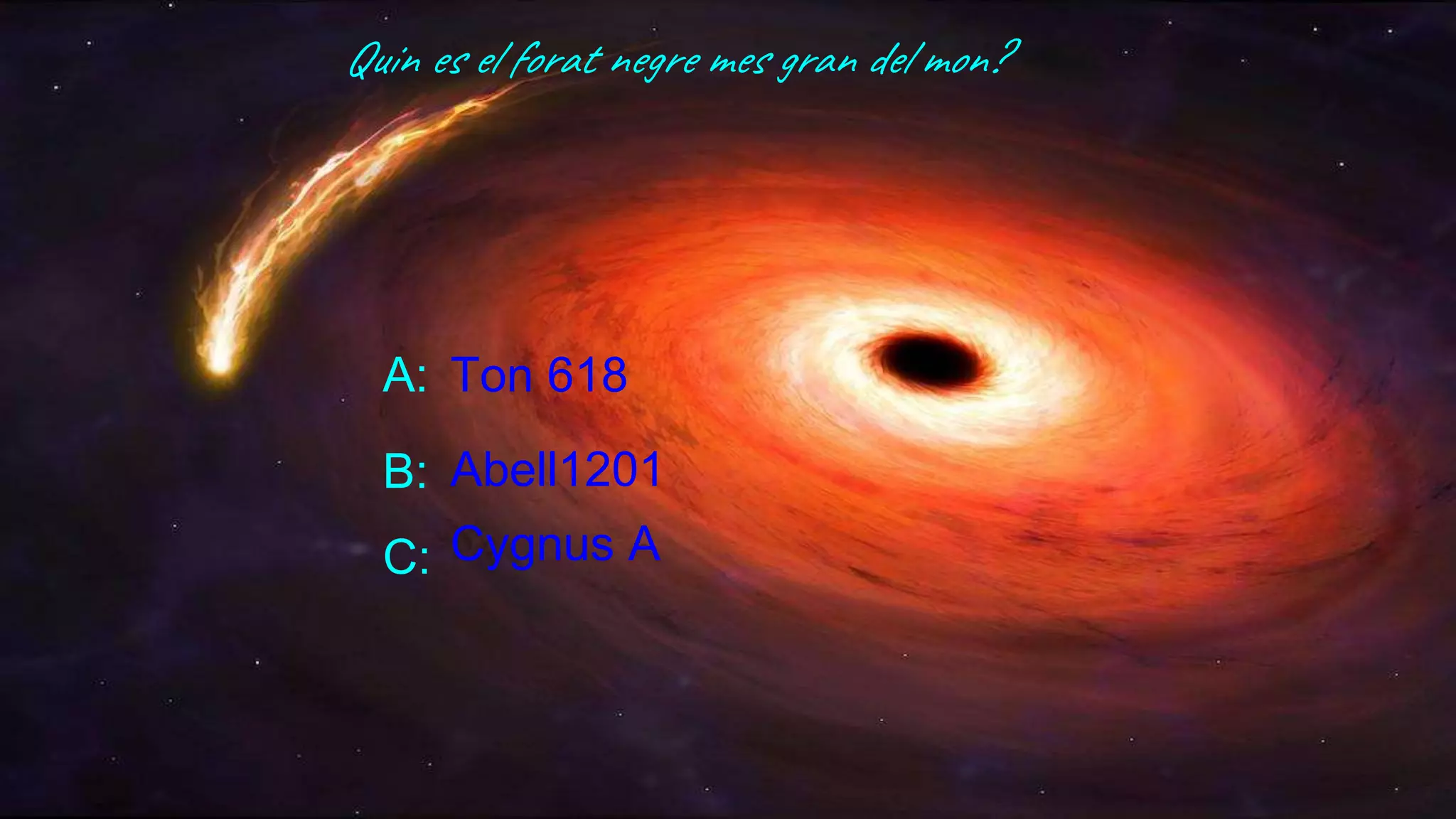 Quin es el forat negre mes gran del mon?
A:
B:
Ton 618
Abell1201
C: Cygnus A