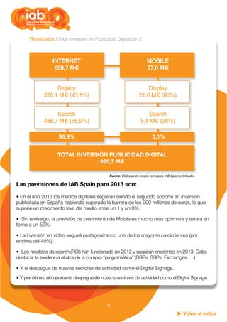 Volver al índice
10
￼
Las previsiones de IAB Spain para 2013 son:
• En el año 2013 los medios digitales seguirán siendo el...