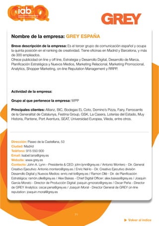 Volver al índice
71
Nombre de la empresa: GREY ESPAÑA
Breve descripción de la empresa: Es el tercer grupo de comunicación ...