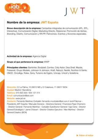 Volver al índice
88
Nombre de la empresa: JWT España
Breve descripción de la empresa: Campañas integradas de comunicación ...
