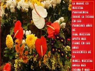 La madre es nuestra providencia sobre la tierra en los primeros años de vida, nuestro apoyo más firme en los años siguientes de la niñez, nuestra amiga más tierna y más leal en los años borrascosos de la juventud.