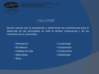 Asume valores que la caracterizan y determinan las orientaciones para el desarrollo de las actividades en todo el ámbito institucional y de los miembros de la comunidad. Creatividad Cooperación  Compromiso Solidaridad Pertinencia Excelencia Calidad de Vida Naturaleza Ética 