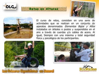 El curso de retos, consisten en una serie de
actividades que se realizan en un conjunto de
aparatos denominados Elementos Bajos y Altos
instalados en árboles o postes y suspendidos en el
aire a través de cuerdas y/o cables de acero. Al
igual, Siempre con una máxima y total seguridad
física y psicológica de los participantes.
 