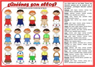 Los niños están en una fiesta. Tienes que
                                                                                   descubrir quienes son de acuerdo con la
                                                                                   descripción. ¿Consigues descubrir quiénes
            Lea la descripción y escribe el nombre bajo las figuras:               son ellos?
                                                                                   Antonio: pelo negro, moreno, camisa roja,
                                                                                   pantalón blanco, zapatilla blanca y roja.
                                                                                   Carlos: pelirrojo, moreno, camisa amarilla,
                                                                                   pantalón azul, zapatilla azul y blanca..
                                                                                   Felipe: rubio, camisa roja, pantalón beige,
                                                                                   zapatilla amarilla y blanca.
                                                                                   Gerardo: rubio, camisa roja, vaquero, zapato
                                                                                   beige..
                                                                                   Javier: pelo negro, moreno, jersey naranja y
                                                                                   blanco, pantalón azul, zapatos beige.
Pedro         Juan                   Mario                  Felipe       Antonio   Jorge: pelo negro, gafas negras, camisa blanca,
                                                                                   pantalón verde, zapatilla negra y blanca.
                                                                                   José: pelo castaño, piel clara, camisa blanca,
                                                                                   pantalón azul, zapatilla negra y blanca.
                                                                                   Juan: moreno, pelo negro, camisa amarilla,
                                                                                   pantalón azul oscuro, zapatilla azul y branca.
                                                                                   Luis: pelo negro, moreno, camisa verde,
                                                                                   pantalón beige, zapatilla verde y blanca.
                                                                                   Mario: pelirrojo, moreno, jersey amarillo y blanco,
                                                                                   pantalón rojo, zapatos negros.
                                                                                   Miguel: pelo castaño, camiseta azul y blanca,
Gerardo   Samuel            Carlos             Paco               Luis   José      bermuda en cuatro colores, medias azules,
                                                                                   zapatilla azul y blanca.
                                                                                   Pablo: pelirrojo, piel clara, camisa amarilla,
                                                                                   pantalón azul oscuro, zapatilla amarilla y blanca.
                                                                                   Paco: pelo castaño, gafas moradas, jersey
                                                                                   morado y blanco, pantalón beige, zapatos azules.
                                                                                   Pedro: pelirrojo, moreno claro, camisa azul,
                                                                                   pantalón rojo, zapatilla roja y blanca.
                                                                                   Ricardo: pelirrojo, camisa blanca, pantalón rojo,
                                                                                   zapatos marrones.
                                                                                   Samuel: pelo negro, moreno, jersey azul y
                                                                                   blanco, pantalón azul, zapatos blancos.
Ricardo       Miguel                  Jorge                  Pablo       Javier
 