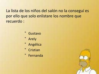 La lista de los niños del salón no la conseguí es
por ello que solo enlistare los nombre que
recuerdo :

           ͌ Gustavo
            ͌ Arely
             ͌ Angélica
              ͌ Cristian
               ͌ Fernanda
 