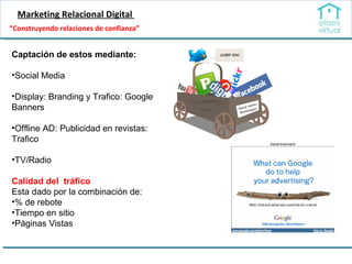 Marketing Relacional Digital  Captación de estos mediante: Social Media Display: Branding y Trafico: Google Banners  Offline AD: Publicidad en revistas: Trafico TV/Radio Calidad del  tráfico Esta dado por la combinación de: % de rebote Tiempo en sitio Páginas Vistas “ Construyendo relaciones de confianza” 