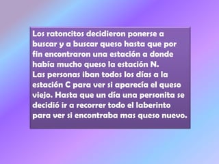 Los ratoncitos decidieron ponerse a
buscar y a buscar queso hasta que por
fin encontraron una estación a donde
había mucho queso la estación N.
Las personas iban todos los días a la
estación C para ver si aparecía el queso
viejo. Hasta que un día una personita se
decidió ir a recorrer todo el laberinto
para ver si encontraba mas queso nuevo.
 
