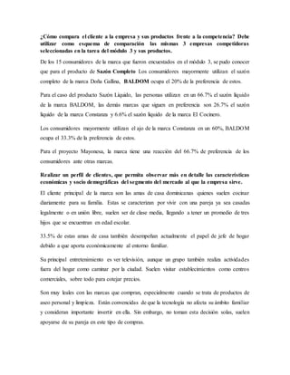 ¿Cómo compara el cliente a la empresa y sus productos frente a la competencia? Debe
utilizar como esquema de comparación las mismas 3 empresas competidoras
seleccionadas en la tarea del módulo 3 y sus productos.
De los 15 consumidores de la marca que fueron encuestados en el módulo 3, se pudo conocer
que para el producto de Sazón Completo Los consumidores mayormente utilizan el sazón
completo de la marca Doña Gallina, BALDOM ocupa el 20% de la preferencia de estos.
Para el caso del producto Sazón Líquido, las personas utilizan en un 66.7% el sazón líquido
de la marca BALDOM, las demás marcas que siguen en preferencia son 26.7% el sazón
liquido de la marca Constanza y 6.6% el sazón liquido de la marca El Cocinero.
Los consumidores mayormente utilizan el ajo de la marca Constanza en un 60%, BALDOM
ocupa el 33.3% de la preferencia de estos.
Para el proyecto Mayonesa, la marca tiene una reacción del 66.7% de preferencia de los
consumidores ante otras marcas.
Realizar un perfil de clientes, que permita observar más en detalle las características
económicas y socio demográficas del segmento del mercado al que la empresa sirve.
El cliente principal de la marca son las amas de casa dominicanas quienes suelen cocinar
diariamente para su familia. Estas se caracterizan por vivir con una pareja ya sea casadas
legalmente o en unión libre, suelen ser de clase media, llegando a tener un promedio de tres
hijos que se encuentran en edad escolar.
33.5% de estas amas de casa también desempeñan actualmente el papel de jefe de hogar
debido a que aporta económicamente al entorno familiar.
Su principal entretenimiento es ver televisión, aunque un grupo también realiza actividades
fuera del hogar como caminar por la ciudad. Suelen visitar establecimientos como centros
comerciales, sobre todo para cotejar precios.
Son muy leales con las marcas que compran, especialmente cuando se trata de productos de
aseo personal y limpieza. Están convencidas de que la tecnología no afecta su ámbito familiar
y consideran importante invertir en ella. Sin embargo, no toman esta decisión solas, suelen
apoyarse de su pareja en este tipo de compras.
 