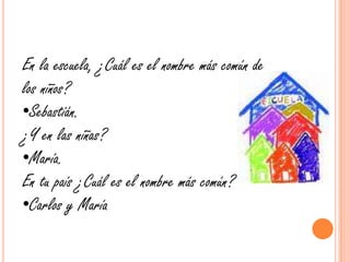 En la escuela, ¿Cuál es el nombre más común de los niños?Sebastián.¿Y en las niñas?María.En tu país ¿Cuál es el nombre más común?Carlos y MaríaTienes mascota? ¿Cuál ?Tengo una perrita una french mini toy ¿Cómo se llama?Se llama Lala¿Por qué?Cuando yo era chica yo veía los teletuvis uno se llamaba Lala