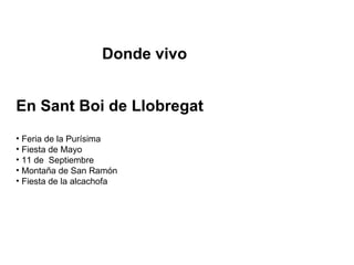 Donde vivo En Sant Boi de Llobregat  Feria de la Purísima Fiesta de Mayo 11 de  Septiembre  Montaña de San Ramón Fiesta de la alcachofa 
