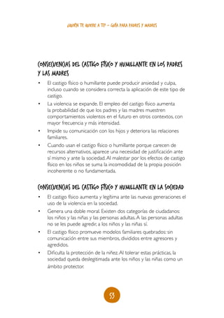 ¿quién te quiere a ti? - guía para padres y madres




Consecuencias del castigo físico y humillante en los padres
y las madres
•	   El castigo físico o humillante puede producir ansiedad y culpa,
     incluso cuando se considera correcta la aplicación de este tipo de
     castigo.
•	   La violencia se expande. El empleo del castigo físico aumenta
     la probabilidad de que los padres y las madres muestren
     comportamientos violentos en el futuro en otros contextos, con
     mayor frecuencia y más intensidad.
•	   Impide su comunicación con los hijos y deteriora las relaciones
     familiares.
•	   Cuando usan el castigo físico o humillante porque carecen de
     recursos alternativos, aparece una necesidad de justificación ante
     sí mismo y ante la sociedad. Al malestar por los efectos de castigo
     físico en los niños se suma la incomodidad de la propia posición
     incoherente o no fundamentada.


Consecuencias del castigo físico y humillante en la sociedad
•	   El castigo físico aumenta y legítima ante las nuevas generaciones el
     uso de la violencia en la sociedad.
•	   Genera una doble moral. Existen dos categorías de ciudadanos:
     los niños y las niñas y las personas adultas. A las personas adultas
     no se les puede agredir, a los niños y las niñas sí.
•	   El castigo físico promueve modelos familiares quebrados: sin
     comunicación entre sus miembros, divididos entre agresores y
     agredidos.
•	   Dificulta la protección de la niñez. Al tolerar estas prácticas, la
     sociedad queda deslegitimada ante los niños y las niñas como un
     ámbito protector.




                                     53
 