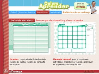 ¿Qué es? Estructura didáctica Componentes Metodología
Guía de la educadora
Formatos: registro inicial, lista de cotejo,
registro de cuotas, registro de conducta
entre otros.
Recursos para la planeación y el control escolar.
Planeador mensual: para el registro de
actividades importantes, valores a promover
en el periodo y lecturas del mes.
Componentes
 