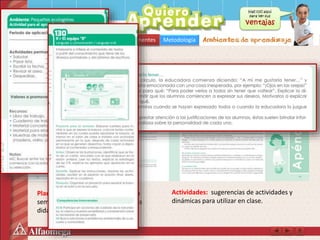 ¿Qué es? Estructura didáctica Componentes Metodología
Guía de la educadora
Planeación: Registro de planeación
semanal, competencias y secuencias
didácticas sugeridas.
Recursos para la planeación y el control escolar.
Actividades: sugerencias de actividades y
dinámicas para utilizar en clase.
Componentes
 