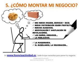 4. ¿Por qué necesitas una licencia de actividad?La licencia de actividad es un permiso municipal,que autoriza la implantación de la actividad en un local en concreto.Para su concesión necesitas un Proyecto técnico donde se justifica que tu local cumpletoda la normativa vigente urbanística, higiénico-sanitaria, ambiental, de protección contra incendios, accesibilidad… Permiso para abrir un negocio© Seguridad Estructural SL  ·   www.licenciaactividad.es  ·  91 630 15 77