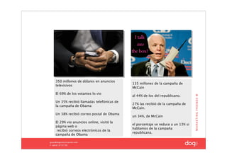 350 millones de dólares en anuncios
                                         135 millones de la campaña de
televisivos
                                         McCain
El 69% de los votantes lo vio
                                         al 44% de los del republicano.
Un 35% recibió llamadas telefónicas de
                                         27% las recibió de la campaña de
la campaña de Obama
                                         McCain.
Un 38% recibió correo postal de Obama
                                         un 34%, de McCain
El 29% vio anuncios online, visitó la
                                         el porcentaje se reduce a un 13% si
página web o
                                         hablamos de la campaña
 recibió correos electrónicos de la
                                         republicana.
campaña de Obama
 