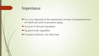 Importance
 It is very important in the maintenance of stem cell population loss
of which can result in premature aging
 It occurs in fast growing plants
 Eg green leafy vegetables
 It require relatively very short time
 