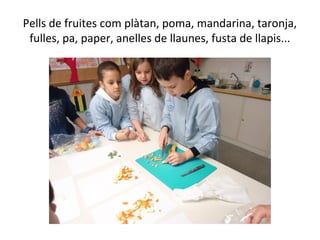 Pells de fruites com plàtan, poma, mandarina, taronja,
fulles, pa, paper, anelles de llaunes, fusta de llapis...
 