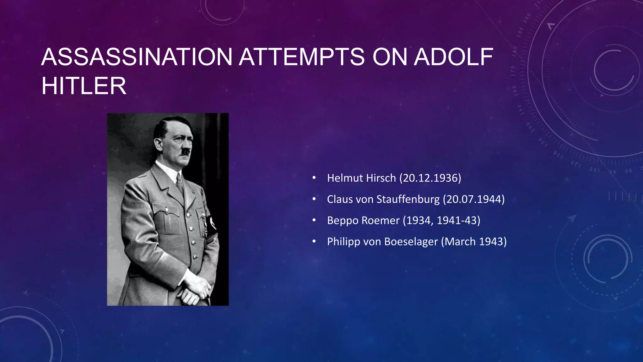 ASSASSINATION ATTEMPTS ON ADOLF HITLER
• Helmut Hirsch (20.12.1936)
• Claus von Stauffenburg (20.07.1944)
• Beppo Roemer (1934, 1941-43)
• Philipp von Boeselager (March 1943)
 