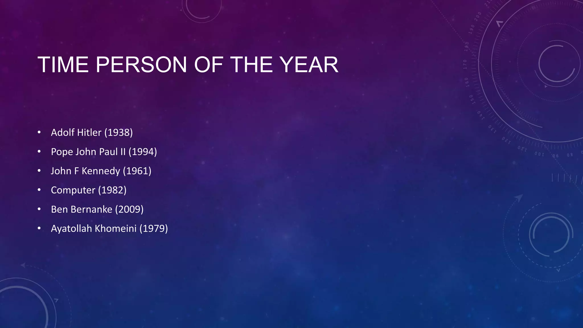 TIME PERSON OF THE YEAR
• Adolf Hitler (1938)
• Pope John Paul II (1994)
• John F Kennedy (1961)
• Computer (1982)
• Ben Bernanke (2009)
• Ayatollah Khomeini (1979)
 