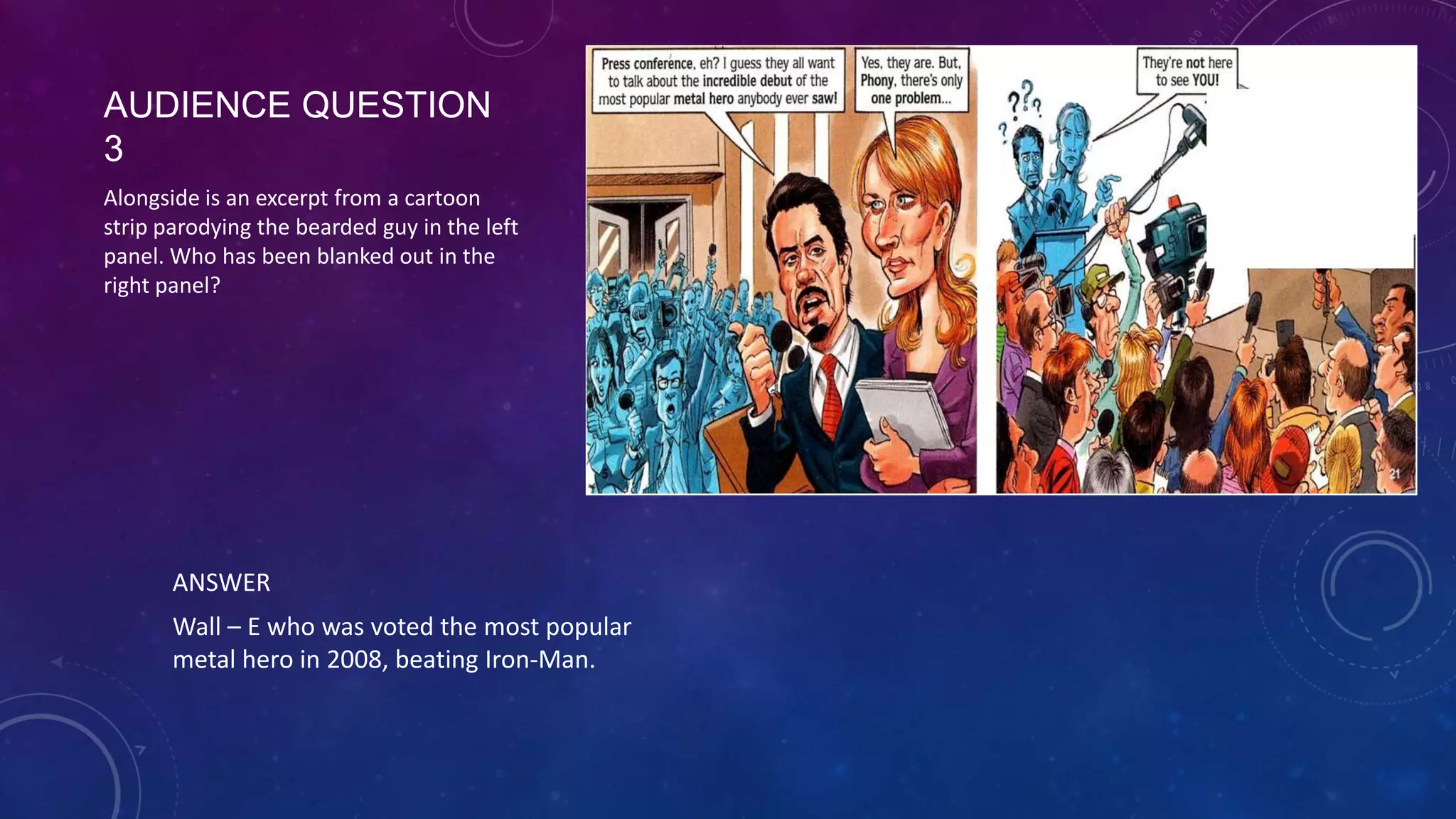 AUDIENCE QUESTION 3
Alongside is an excerpt from a cartoon
strip parodying the bearded guy in the left
panel. Who has been blanked out in the
right panel?
ANSWER
Wall – E who was voted the most popular
metal hero in 2008, beating Iron-Man.
 