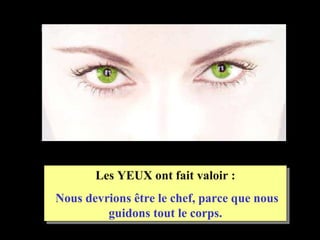 Les YEUX ont fait valoir :
Nous devrions être le chef, parce que nous
         guidons tout le corps.
 