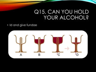 Q15. CAN YOU HOLD
YOUR ALCOHOL?
• Id and give fundae
 