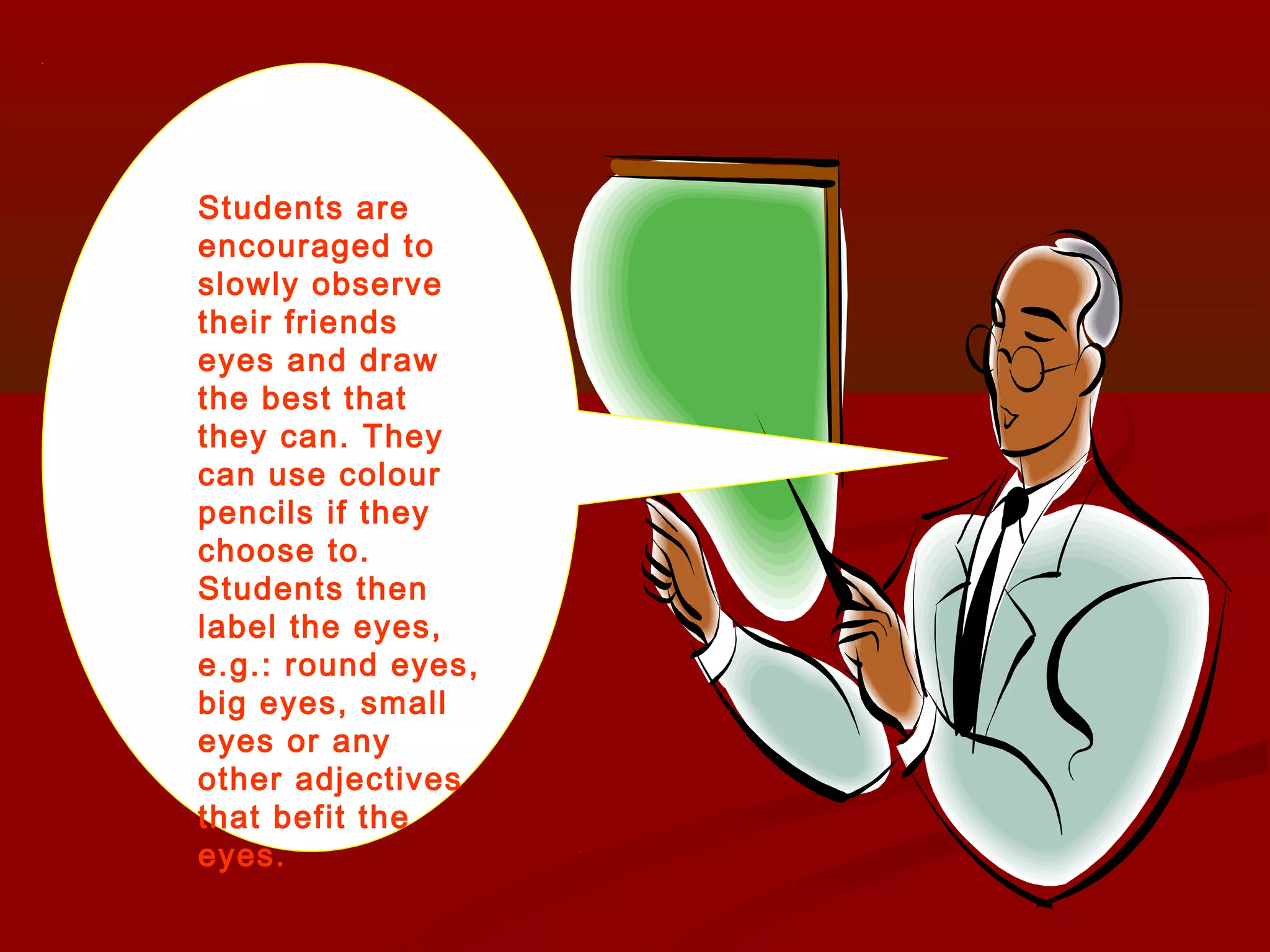 Students are
encouraged to
slowly observe
their friends
eyes and draw
the best that
they can. They
can use colour
pencils if they
choose to.
Students then
label the eyes,
e.g.: round eyes,
big eyes, small
eyes or any
other adjectives
that befit the
eyes.
 