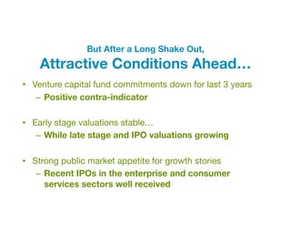 But After a Long Shake Out, "
    Attractive Conditions Ahead…"
•  Venture capital fund commitments down for last 3 years
...